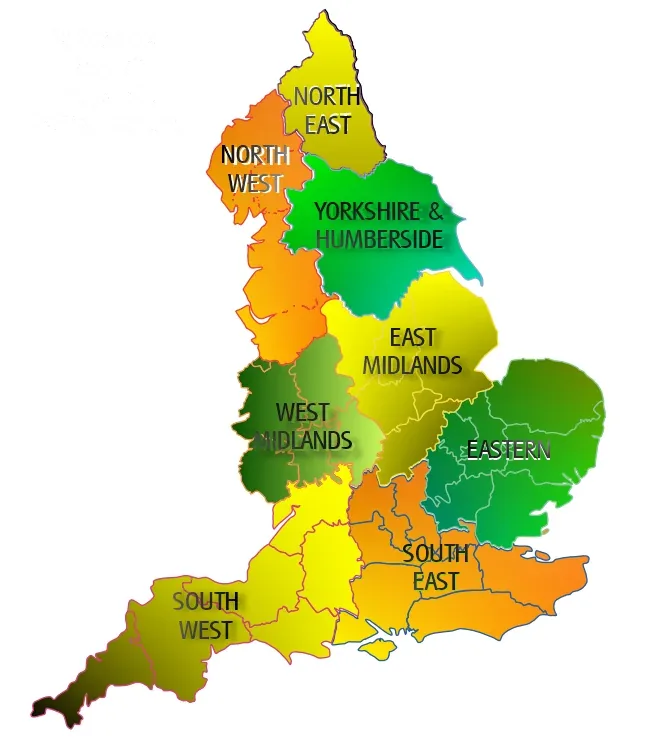 Map of England divided into the traffic news regions: North East, North West,
                  Yorkshire & Humberside, East Midlands, West Midlands, Eastern, South East
                  and South West.